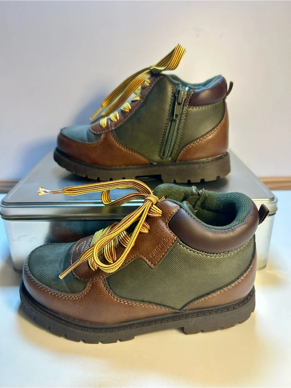 Carter's Olive and Brown Kids Hiking Boots with Yellow Laces, Toddler's 12M